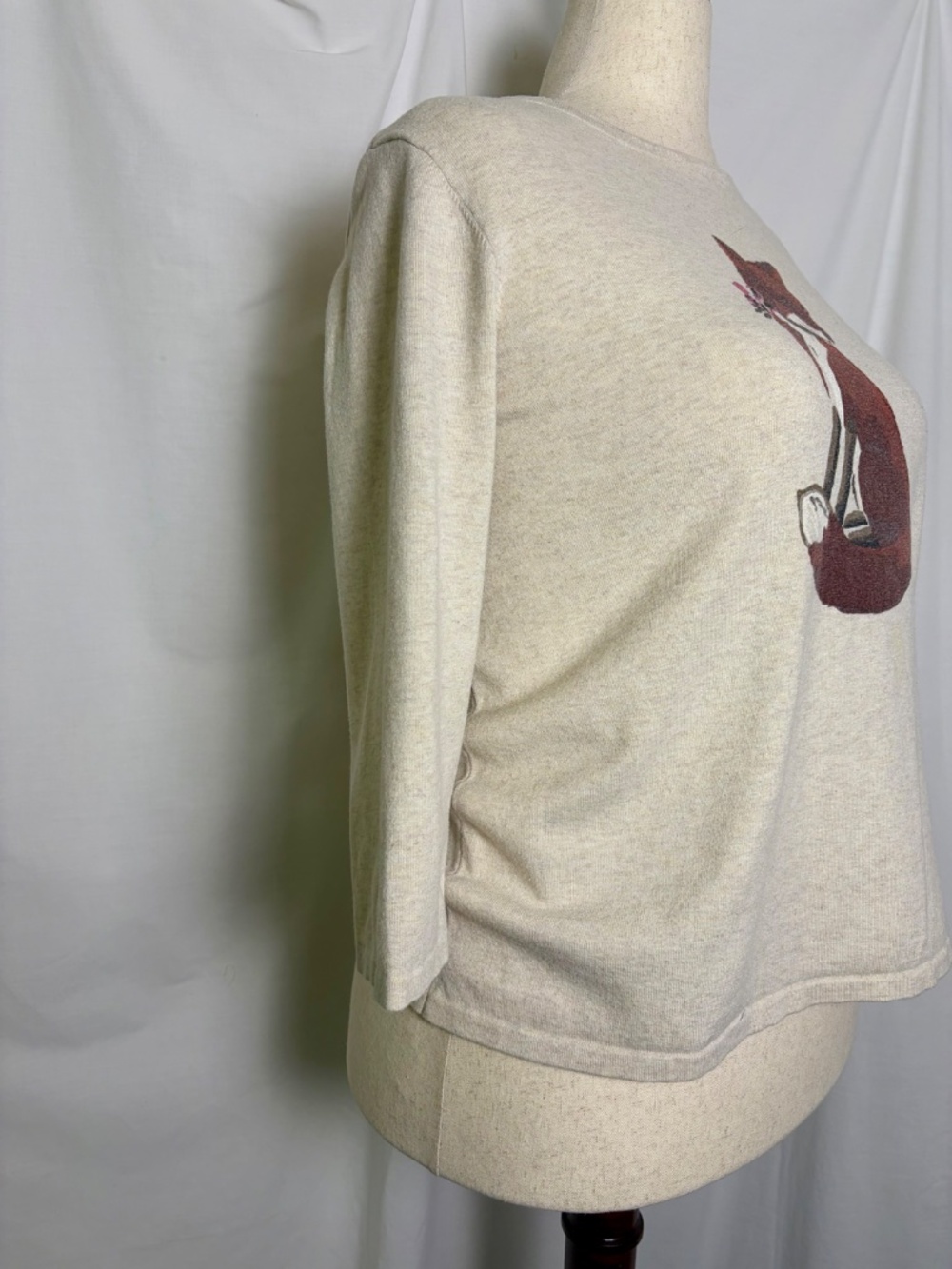 Long Sleeve Karen Scott Oat Color Sweater w/Red Fox Size Large - Picture 2 of 8